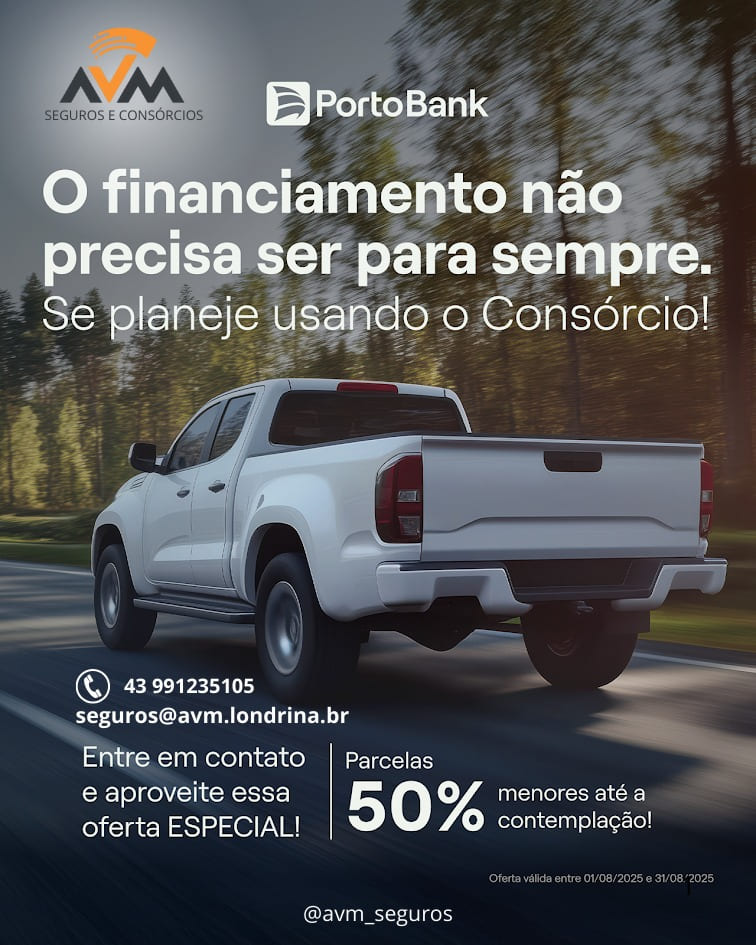 Consórcio de veículos Porto Bank: o financiamento não precisa ser para sempre — parcelas 50% menores até a contemplação. Contato 43 99123-5105.