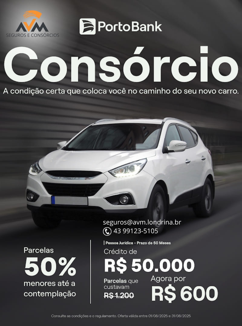 Consórcio de veículos Porto Bank para pessoa jurídica, prazo de 50 meses: crédito de R$ 50.000 com parcelas 50% menores até a contemplação — de R$ 1.200 por R$ 600. Contato 43 99123-5105.